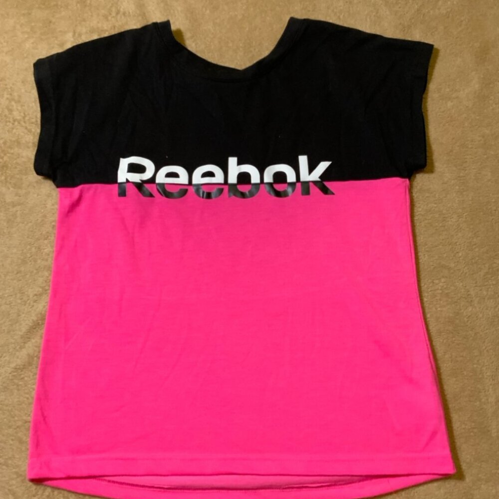 Reebok‎ Girls XL (14-16) Black Pink Colorblock Criss-Cross Boxy Round Neck Tee